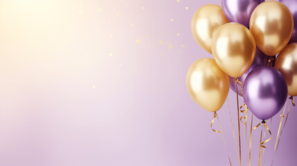 Colorful gold and purple balloons on a pastel background, perfect for celebrations, parties, and...