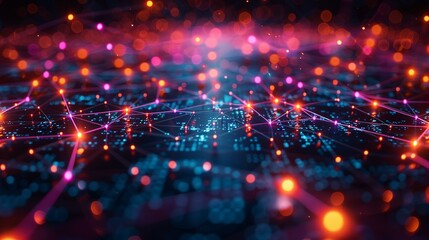 Obraz premium A detailed representation of a global database, featuring interconnected data points and pathways glowing in multiple colors, with a bright, dynamic background and bokeh effect to highlight