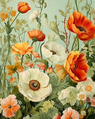 Beautiful floral artwork featuring vibrant poppies and other flowers in a lush, colorful garden setting. Perfect for nature enthusiasts.