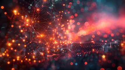 An engaging 3D rendering of big data analytics, showing intricate data pathways and nodes illuminated by various colors, set against a dynamic, glowing environment with a subtle bokeh effect.