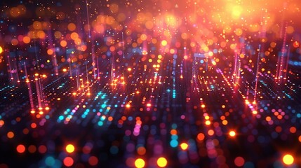 An engaging 3D rendering of big data analytics, showing intricate data pathways and nodes illuminated by various colors, set against a dynamic, glowing environment with a subtle bokeh effect.