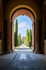 The entrance to the Monumental cemetery of Forlì. Emilia Romagna, Italy, Europe.