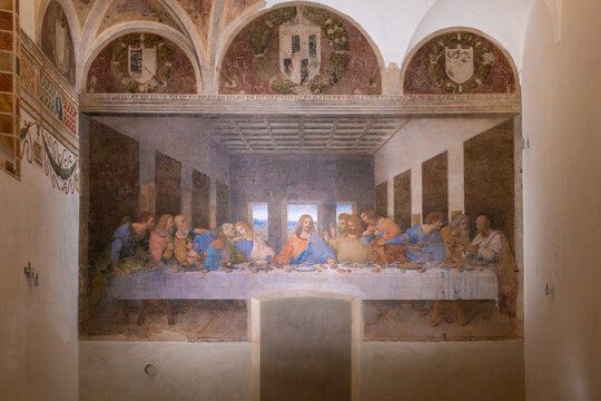 Leonardo da Vinci, The Last Supper, 1495-96, mural painting, Convent of Santa Maria delle Grazie, Milan, Lombardy, Italy, Europe.