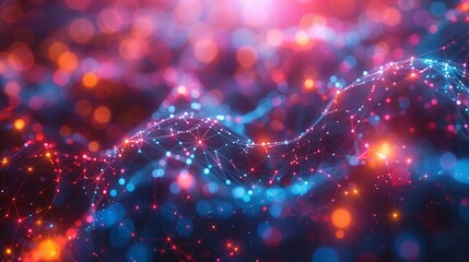 A high-tech representation of artificial intelligence, featuring a neural network with colorful, glowing connections, set against a vibrant background with a bokeh effect to convey technological