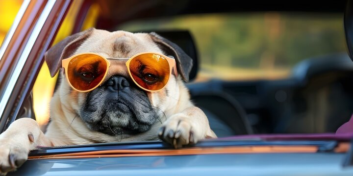 Stylish Pug Rocking Sunglasses in Trendy Car: The Ultimate Style Icon. Concept Pets, Sunglasses, Pug, Car, Stylish