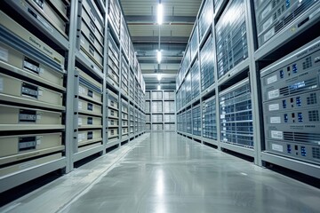 Obraz premium Warehouse filled with rows of storage units storage unit This may include servers, hard drives, and racks.