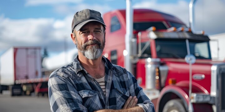 A long haul trucker stands in front of his semi truck on a sunny day.