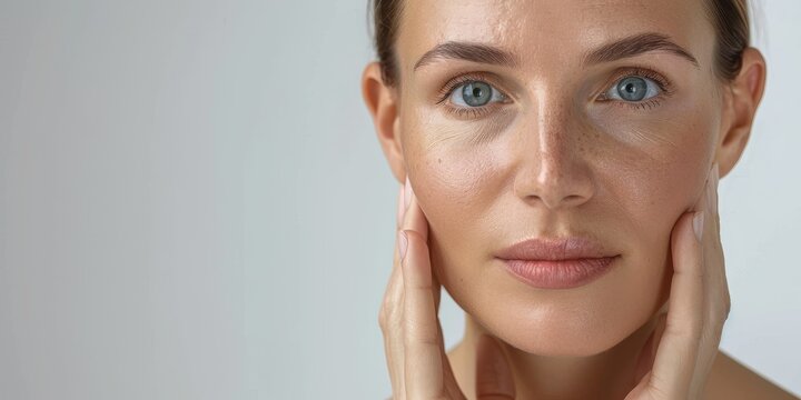 Close up of beautiful woman face with natural skin and green eyes touching her face. Skincare and cosmetology concept.