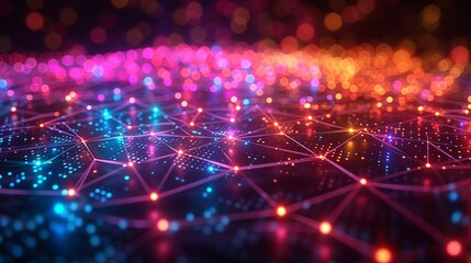Obraz premium A futuristic 3D model of a global database network, showcasing interconnected data points and pathways illuminated by bright colors, with a bokeh-enhanced background to symbolize the flow of