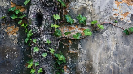Palm tree trunk entwined with ivy sprouts