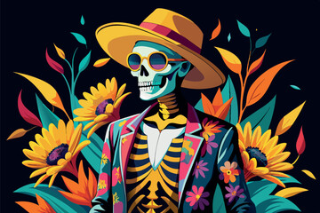 Stylized skeleton in floral suit and wide-brimmed hat, the background is dark, with multicolored flowers and leaves creating a contrast that accentuates the figure. 