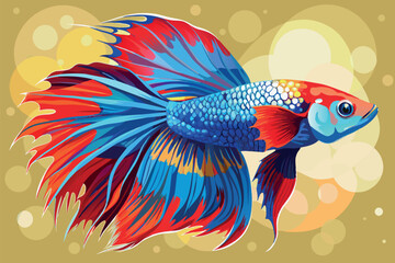 Fototapeta premium is a brightly colored betta fish. It is characterized by its complex fins and tail. The fish has an impressive combination of blue, red and yellow colors with intriguing patterns, 
