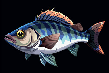 Fototapeta premium The fish has a bright orange and white color scheme with detailed scales in shades of green, blue and yellow. It has large expressive eyes and a wide open mouth.