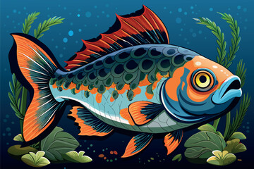 Naklejka premium The fish has a bright orange and white color scheme with detailed scales in shades of green, blue and yellow. It has large expressive eyes and a wide open mouth.