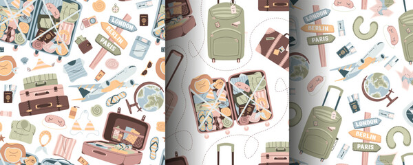 Set of seamless pattern with tourist items, luggage, tickets and plane. Travel time, summer vacation. Endless texture about trip and flight. Flat vector illustration