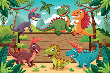 Obraz premium Multicolored cartoon dinosaurs in a prehistoric jungle. The background shows lush greenery with palm trees and ferns.