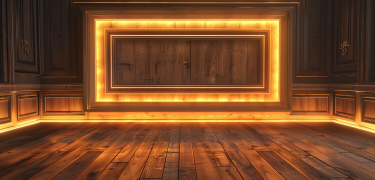 Elegant room with a wooden floor and a wooden frame lit by a warm gold light border.