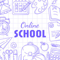 Online school, square poster, checkered background. Vector minimalist design with school supplies, stationery. Education, learning, knowledge concept. For social media, banner, flyer, card, post