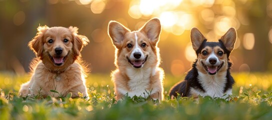 Three dogs resting on luxuriant green field