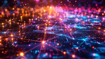 Obraz premium A detailed representation of a global database, featuring interconnected data points and pathways glowing in multiple colors, with a bright, dynamic background and bokeh effect to highlight