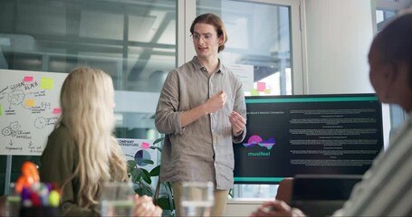 Businessman, meeting and presentation with screen for software development or music app at office. Young man, presenter or speaker talking to employees or team with display for project or application