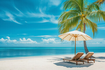 Chair, umbrella and palm tree at beautiful tropical beach. Summer vacation and travel. Free space