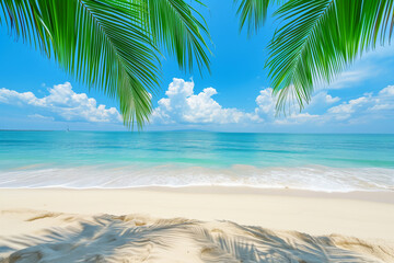 Tropical white sand beach on foreground with beautiful blue sky and clear water. summer concept