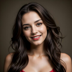 Naklejka premium Brunette Bliss: Laughing Model with Long Tresses