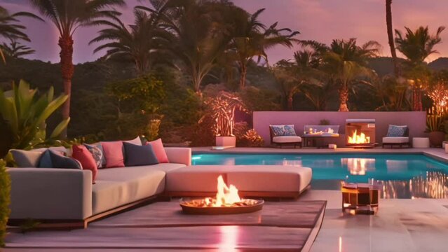 Summer pool area. Poolside lounge area with sofa with colorful pillows. Beautiful eastern spa or wellness concept, recreational vacation hotel resort tranquil area