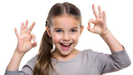Young Girl Okay Pose: A young girl with a playful expression, making an okay sign with her fingers, isolated on a white background.
