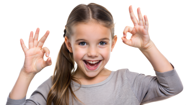 Young Girl Okay Pose: A young girl with a playful expression, making an okay sign with her fingers, isolated on a white background.
