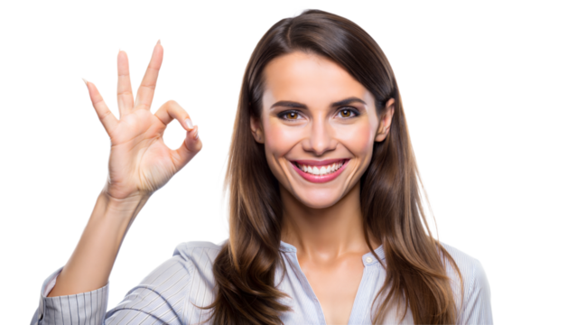 Happy Woman Okay Gesture: A cheerful woman giving an okay sign with her hand, smiling brightly, isolated on a white background.
