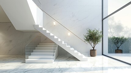 Obraz premium A modern, minimalist staircase with floating steps, glass railings, and a sleek design, depicted in a detailed 3D illustration suitable for architectural presentations.