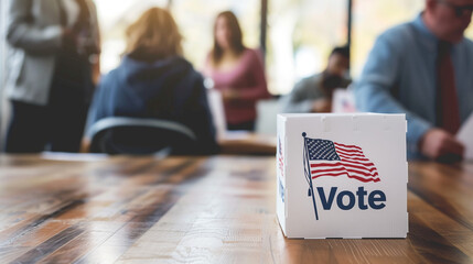 Americans cast their votes with full commitment, throwing ballots with the words "Vote" and the US flag into the ballot box.