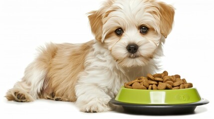 Cute small white puppy patiently sitting by green dog food bowl on white background