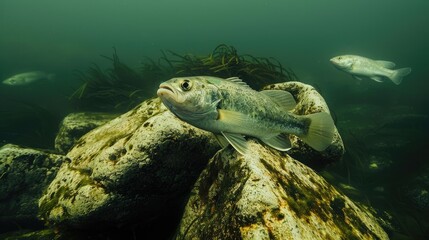 Obraz premium Fish resting on rocks submerged in water