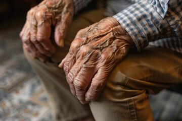 An elderly man's hand gently holds his knee. Signals discomfort and joint pain.