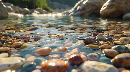 A clear mountain stream with colorful pebbles