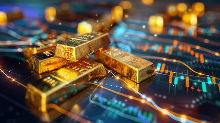 Gold bars arranged on a high-tech financial chart create an impressive picture of wealth and stability.