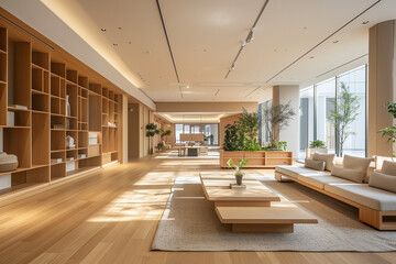 Open-concept minimalist office with clean architectural lines, warm neutral tones, clear midday brightness, and subtle smooth wood textures, creating a calming and uncluttered atmosphere.