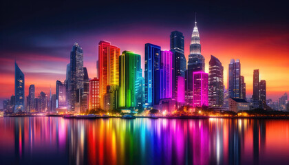 Fototapeta premium vibrant city skyline at dusk, illuminated in rainbow colors for Pride Month