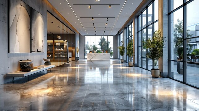 A modern, empty retail space with polished concrete floors, large display windows, and a minimalist design, illustrated in high-resolution 3D.