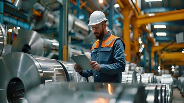 Factory employees check the quality of galvanized sheets in the factory during the production process. Wear safety gear and use a digital tablet.