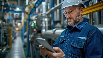 engineer works on a tablet in a factory
