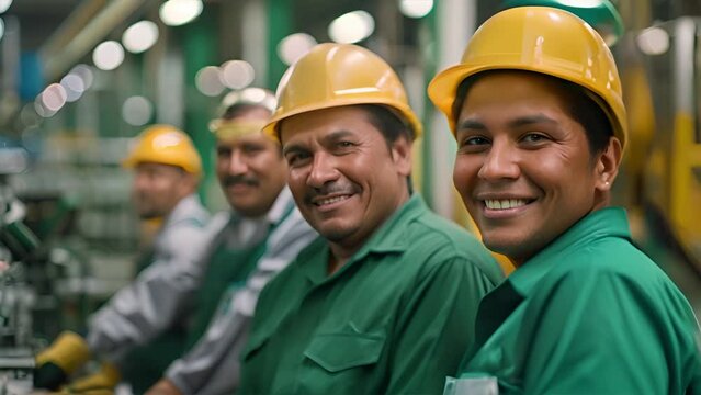 
Group of happy Latin American workers in factory looking at camera and smiling
