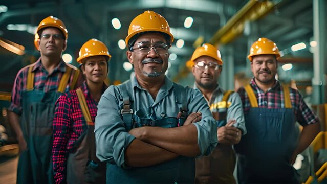 
Group of happy Latin American workers in factory looking at camera and smiling