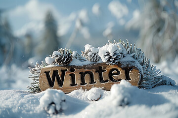 Wooden sign saying winter in snow - Powered by Adobe