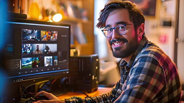 
Graphic design student retouching a photo using a computer at the university and looking at the camera smiling