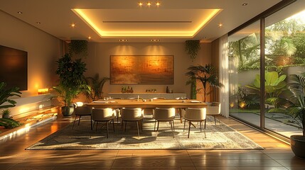 An empty, modern dining room with a large table, stylish chairs, and ambient lighting, illustrated in a detailed 3D style.