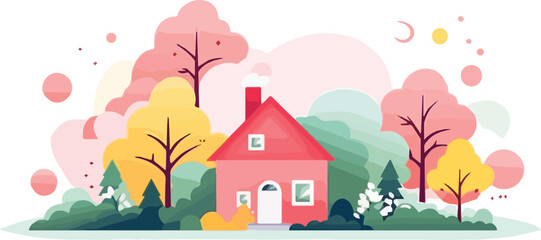 Vector illustration of autumn landscape with house and trees. Colorful flat style.